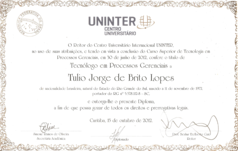 Certificado de Conclusão Tecnologo em Processos Gerenciais